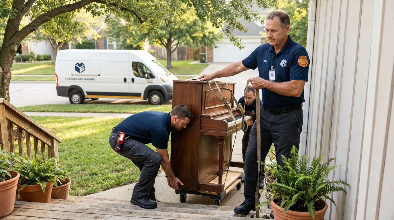 Licensed piano movers securing grand piano in Leakesville, MS