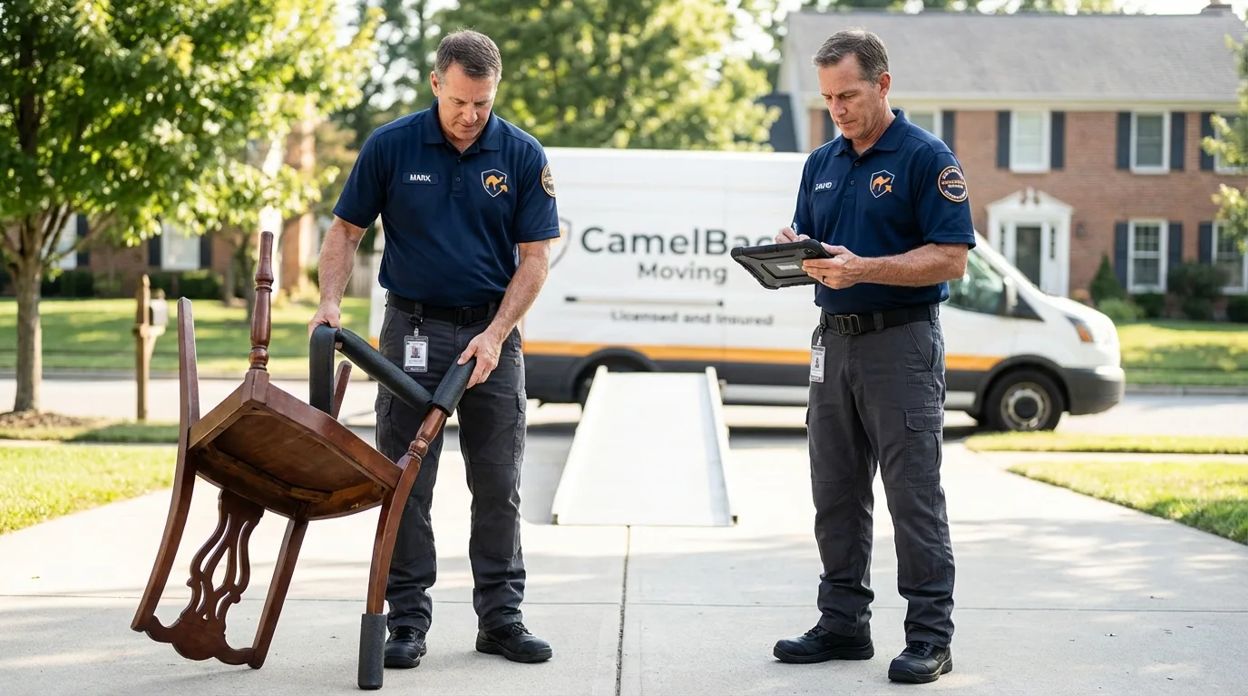 Movers inspecting furniture for damage prevention before loading in Leakesville, MS