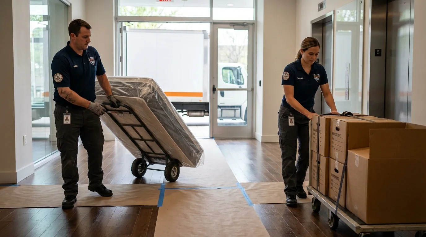 Professional apartment movers loading elevator in Leakesville, MS